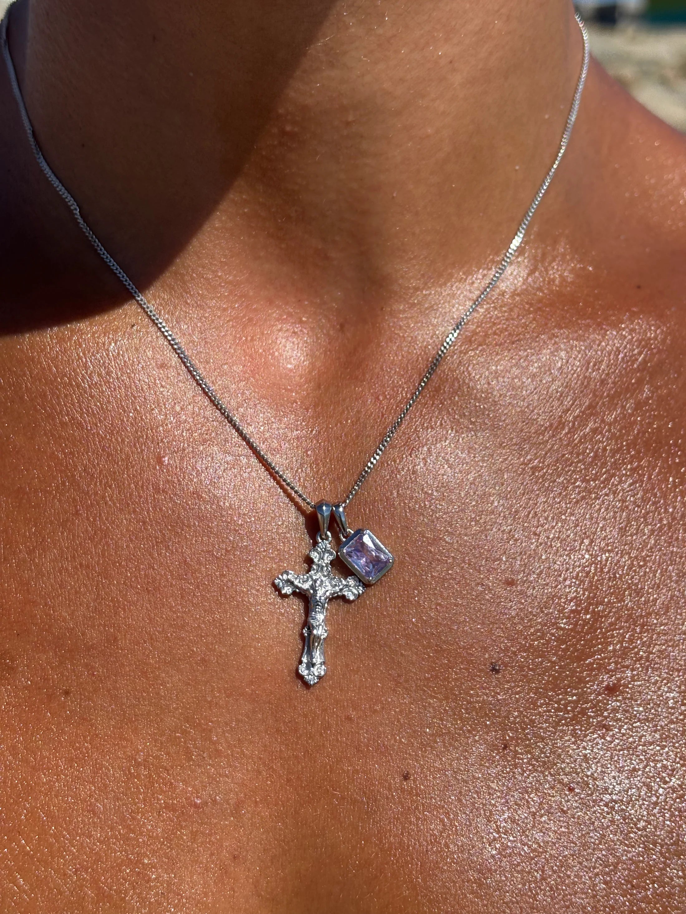Motif Crucifix x Lavender stone stack - Silver