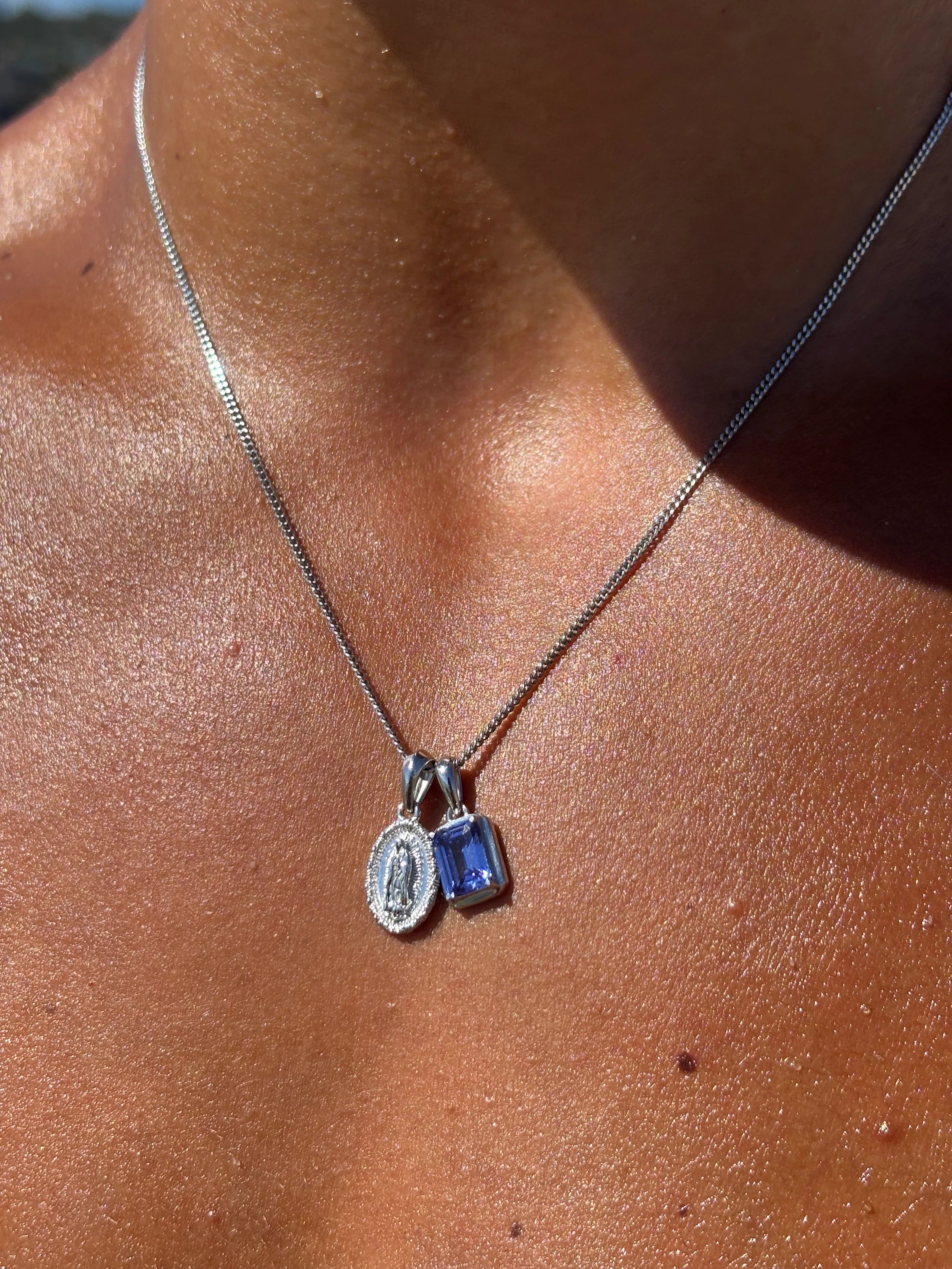 Mini Guadalupe x Sapphire stone stack - Silver